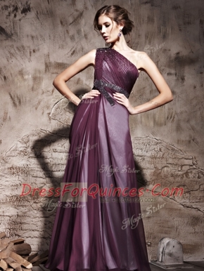 Classical One Shoulder Floor Length Purple Prom Dresses Satin Sleeveless Beading and Ruching