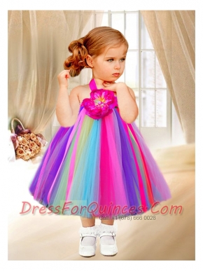 Cute Multi-color Sleeveless Halter Top Tea-length Little Girl Dresses
