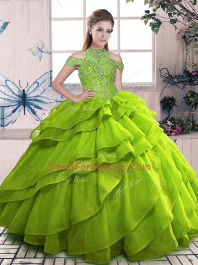 Cheap Olive Green Sleeveless Floor Length Beading and Ruffled Layers Lace Up Quinceanera Dresses