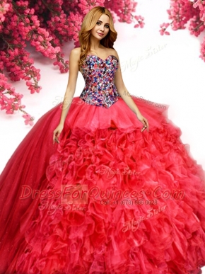 Floor Length Lace Up Quinceanera Gown Red for Military Ball and Sweet 16 and Quinceanera with Beading and Ruffles