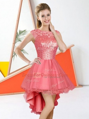 Most Popular Sleeveless Backless High Low Beading and Lace Damas Dress