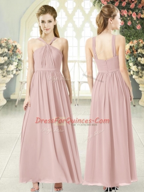 Amazing Pink Empire Chiffon Halter Top Sleeveless Ruching Ankle Length Zipper Prom Party Dress