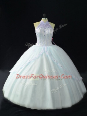 Luxurious Sleeveless Tulle Floor Length Lace Up Ball Gown Prom Dress in Blue with Beading