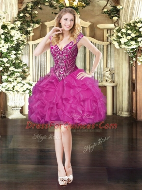 Fuchsia Organza Lace Up V-neck Sleeveless Mini Length Prom Dress Beading and Ruffles