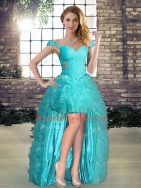 Luxurious High Low Lace Up Aqua Blue for Prom and Party with Beading and Ruffles