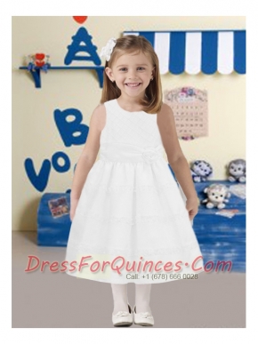 A-Line Scoop White Flower Girl Dresses with Ruching for 2014