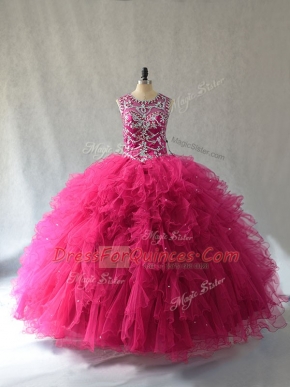 Hot Pink Quince Ball Gowns Scoop Sleeveless Lace Up