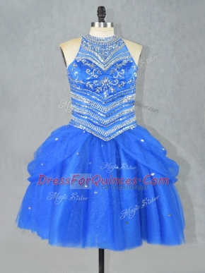 Extravagant Mini Length Lace Up Prom Evening Gown Blue for Prom and Party with Beading