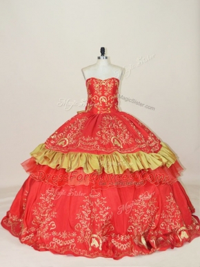 Beauteous Red Sleeveless Floor Length Embroidery and Bowknot Lace Up Vestidos de Quinceanera
