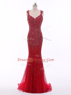 Mermaid Red Straps Tulle Sleeveless Floor Length Zipper