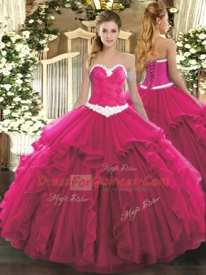 Latest Floor Length Hot Pink Quinceanera Dresses Organza Sleeveless Appliques and Ruffles