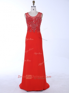 Mermaid Red Chiffon Zipper Scoop Sleeveless With Train Dress for Prom Brush Train Beading and Appliques