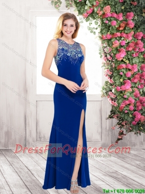 New Style Column Scoop Beaded Prom Dresses with High Slit