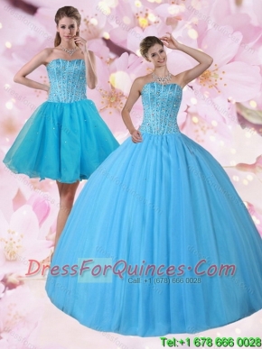 Gorgeous Detachable Baby Blue Strapless Cheap Quinceanera Dress with Beading