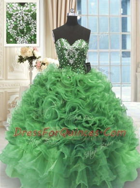 Sleeveless Organza Floor Length Lace Up Vestidos de Quinceanera in Green with Beading and Ruffles