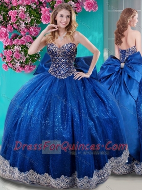 Unique Ball Gown Sequins Bowknot and Beaded Royal Blue Quinceanera Dress with Sweetheart