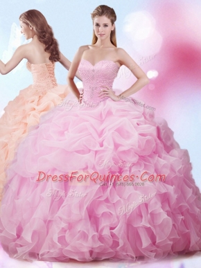 Nice Organza Sweetheart Sleeveless Brush Train Lace Up Beading and Ruffles and Pick Ups Ball Gown Prom Dress in Rose Pink