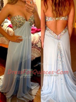 Backless Light Blue Prom Evening Gown Chiffon Brush Train Sleeveless Beading