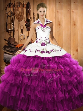 Halter Top Sleeveless Lace Up Quinceanera Dress Fuchsia Satin and Organza