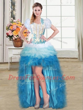 Dramatic Organza Sleeveless High Low Prom Evening Gown and Beading and Appliques and Ruffles