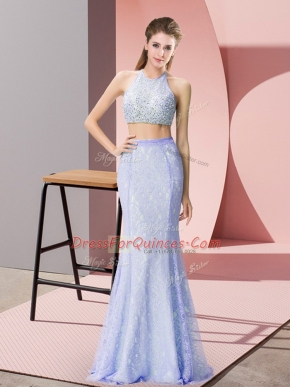 Baby Blue Two Pieces Halter Top Sleeveless Floor Length Backless Beading and Lace Prom Dress