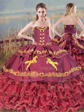 Eye-catching Burgundy Ball Gowns Embroidery and Ruffled Layers Quinceanera Gown Lace Up Satin and Organza Sleeveless