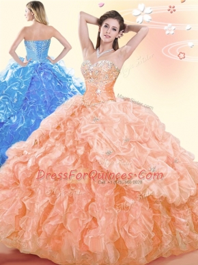 Pick Ups Ball Gowns Quince Ball Gowns Orange Sweetheart Organza Sleeveless Floor Length Lace Up