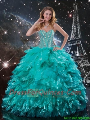 Cheap  Brush Train Turquoise Quinceanera Dresses with Beading and Ruffles