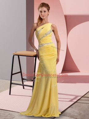 Wonderful Yellow Lace Up Evening Dress Beading Sleeveless Floor Length Sweep Train