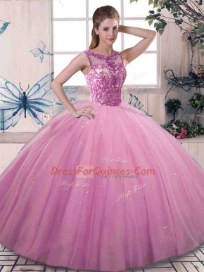 Eye-catching Floor Length Ball Gowns Sleeveless Rose Pink Vestidos de Quinceanera Lace Up