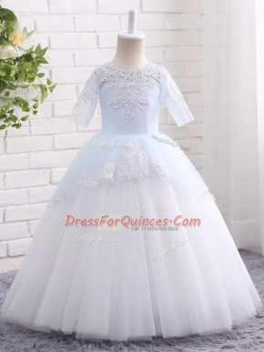 Ball Gowns Little Girl Pageant Gowns Blue And White Scoop Tulle Half Sleeves Floor Length Clasp Handle