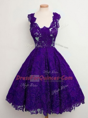 Sleeveless Knee Length Lace Lace Up Dama Dress with Purple
