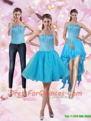 2015 Detachable Aqua Blue Strapless Short Prom Dresses with Beading