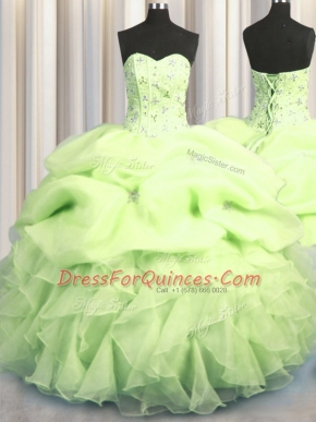 Unique Pick Ups Visible Boning Ball Gowns 15th Birthday Dress Yellow Green Sweetheart Organza Sleeveless Floor Length Lace Up