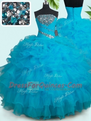 Baby Blue Organza Zipper Quince Ball Gowns Sleeveless Floor Length Beading