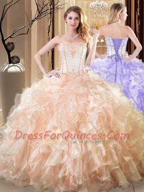Yellow Lace Up Strapless Embroidery and Ruffles Vestidos de Quinceanera Organza Sleeveless