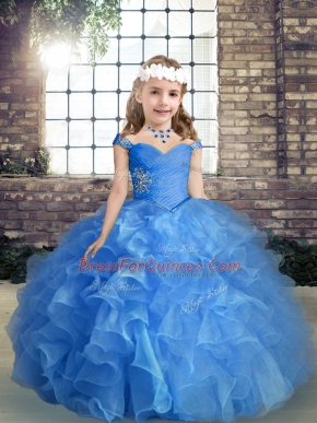 Luxurious Sleeveless Organza Floor Length Lace Up Kids Pageant Dress in Blue with Beading and Ruching