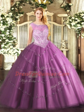 Lilac Zipper Scoop Beading Vestidos de Quinceanera Tulle Sleeveless