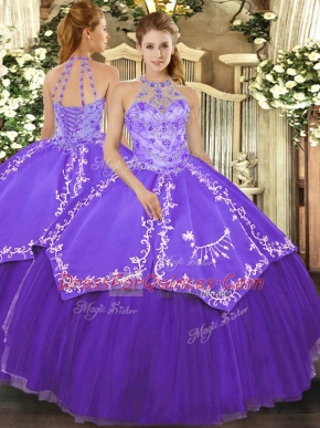 Satin and Tulle Halter Top Sleeveless Lace Up Beading and Embroidery Quinceanera Gown in Purple