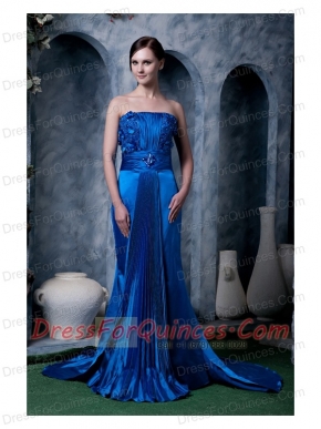 Prom Dress Royal Blue Column Strapless Watteau Train Silk Like Satin Appliques With Beading
