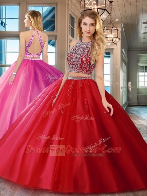 Two Pieces 15 Quinceanera Dress Red Scoop Tulle Sleeveless Floor Length Backless