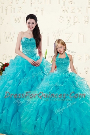 Edgy Aqua Blue Sweetheart Lace Up Beading and Ruffles Vestidos de Quinceanera Sleeveless