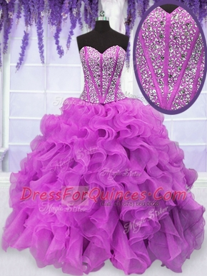 Floor Length Fuchsia Quince Ball Gowns Sweetheart Sleeveless Lace Up