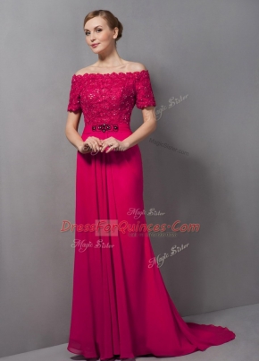 Hot Pink Short Sleeves Sweep Train Lace Homecoming Dress