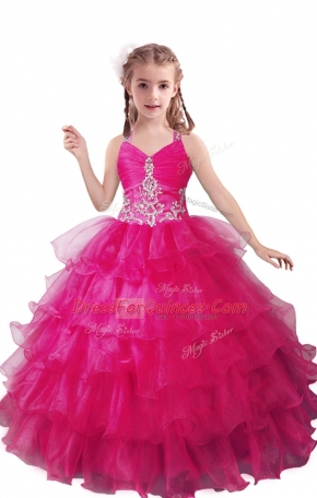 Attractive Fuchsia Organza Zipper V-neck Sleeveless Floor Length Girls Pageant Dresses Beading and Ruffled Layers