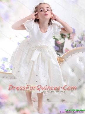 Adorable White Scoop 2015 Little Girl Pageant Dress with Bownot and Cap Sleeves