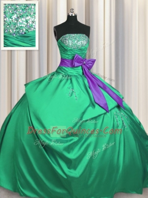 Pick Ups Bowknot Floor Length Green Sweet 16 Quinceanera Dress Strapless Sleeveless Lace Up