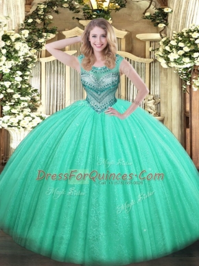 Free and Easy Turquoise Tulle and Sequined Lace Up Scoop Sleeveless Floor Length Sweet 16 Dress Beading