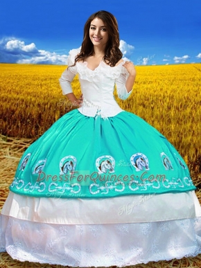 Taffeta 3 4 Length Sleeve Floor Length Quince Ball Gowns and Embroidery