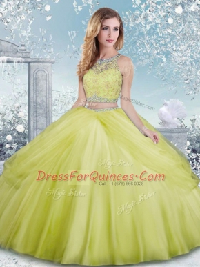 Cheap Yellow Green Ball Gowns Tulle Scoop Sleeveless Beading Floor Length Clasp Handle Quinceanera Gown